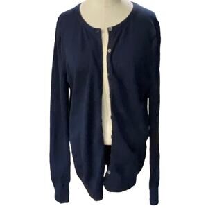 Lands' End Classic Navy blue Cotton blend Cardigan Sweater Size Medium TALL